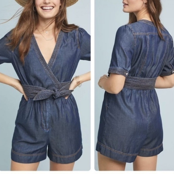 Pilcro and the Letterpress Pants - Pilcro by Anthropologie Denim Wrap Short Sleeve Romper Size 4